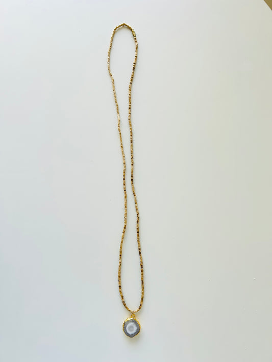 Tulsi Mala Necklace with Gold-edged Agate Druzy Pendant