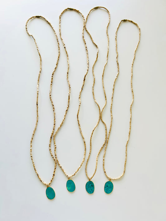 Tulsi Mala Necklace with Gold-Plated Turquoise Pendant
