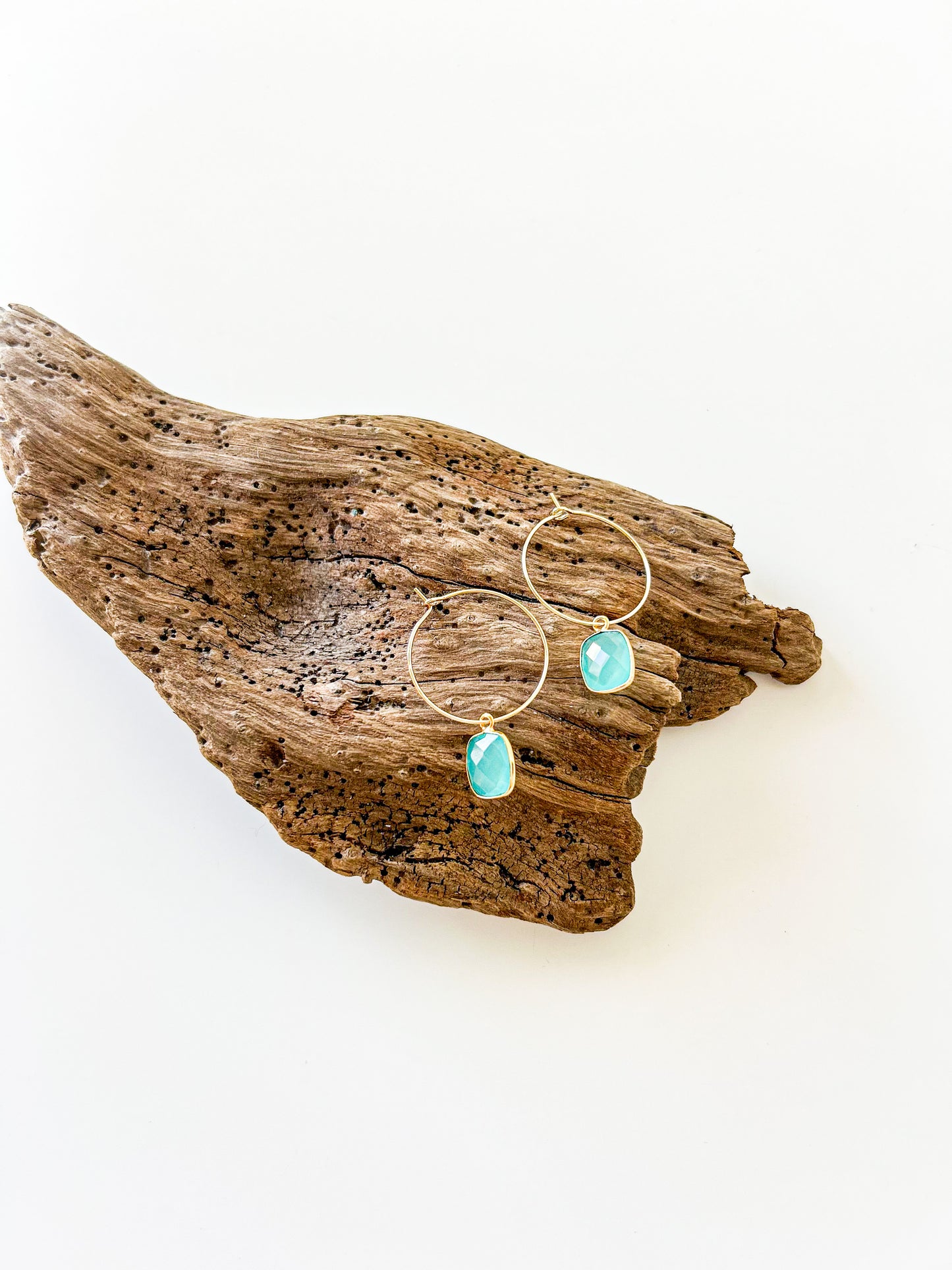 Aqua Chalcedony and Gold Hoop Earrings