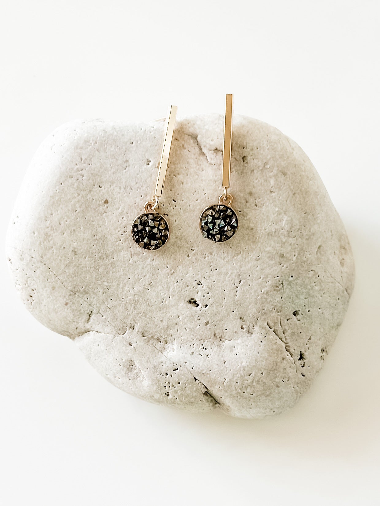 Black Druzy and Gold Bar Earrings