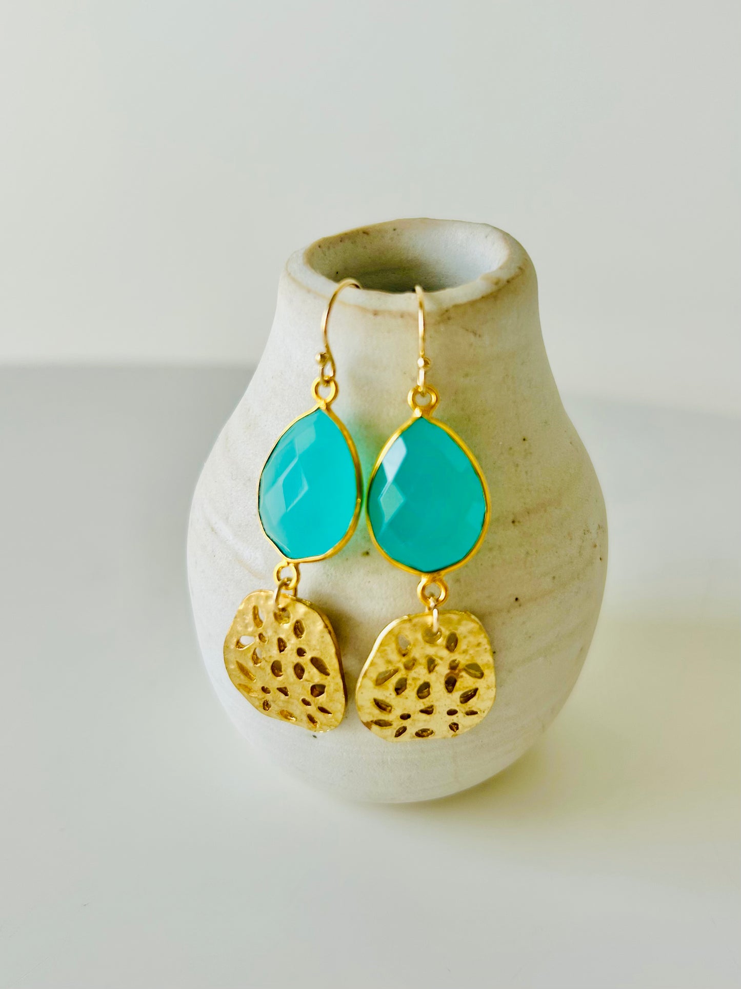 Aqua Chalcedony and Gold Honeycomb Dangle Earrings