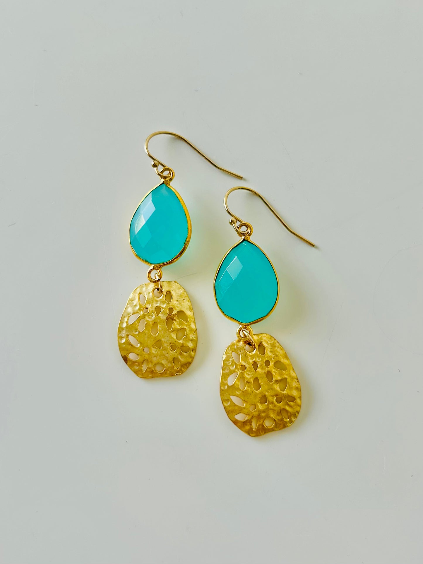 Aqua Chalcedony and Gold Honeycomb Dangle Earrings