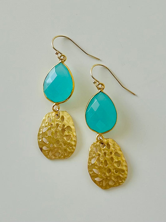 Aqua Chalcedony and Gold Honeycomb Dangle Earrings