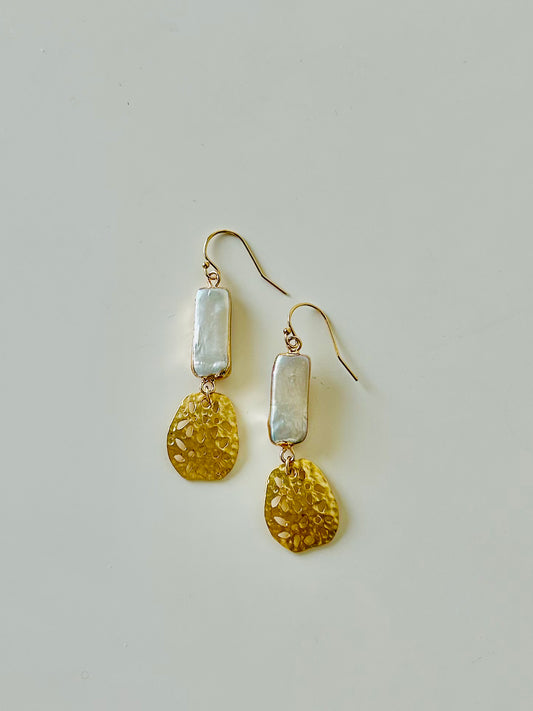 Pearl and Gold Honeycomb Dangle Earrings