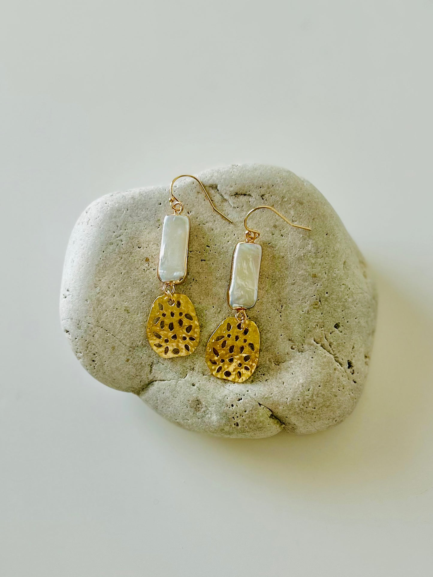 Pearl and Gold Honeycomb Dangle Earrings