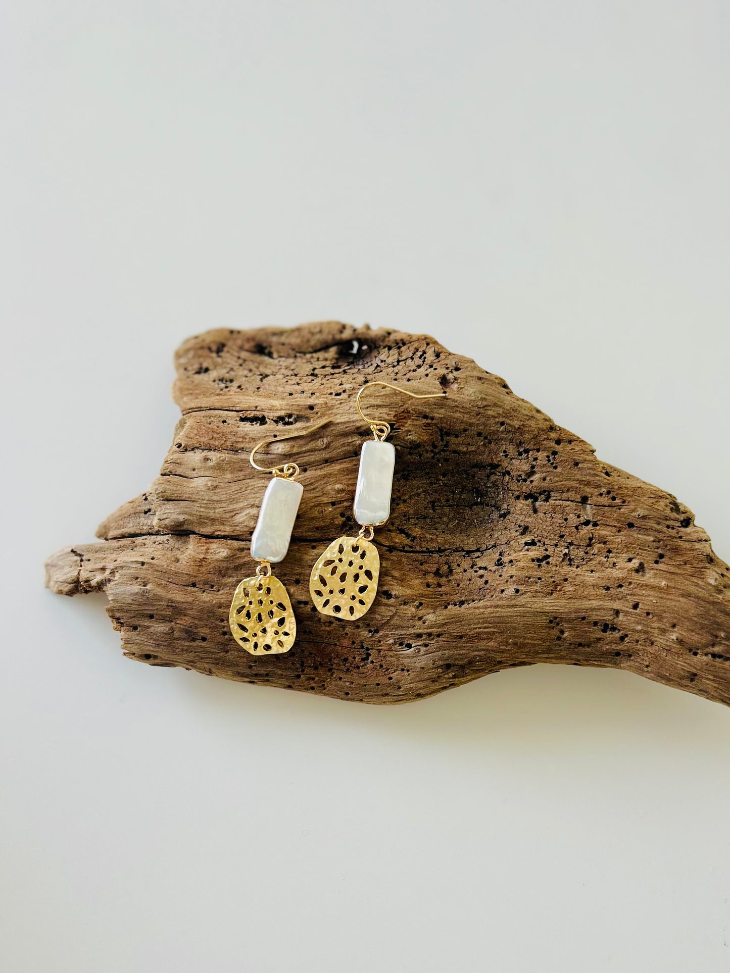 Pearl and Gold Honeycomb Dangle Earrings
