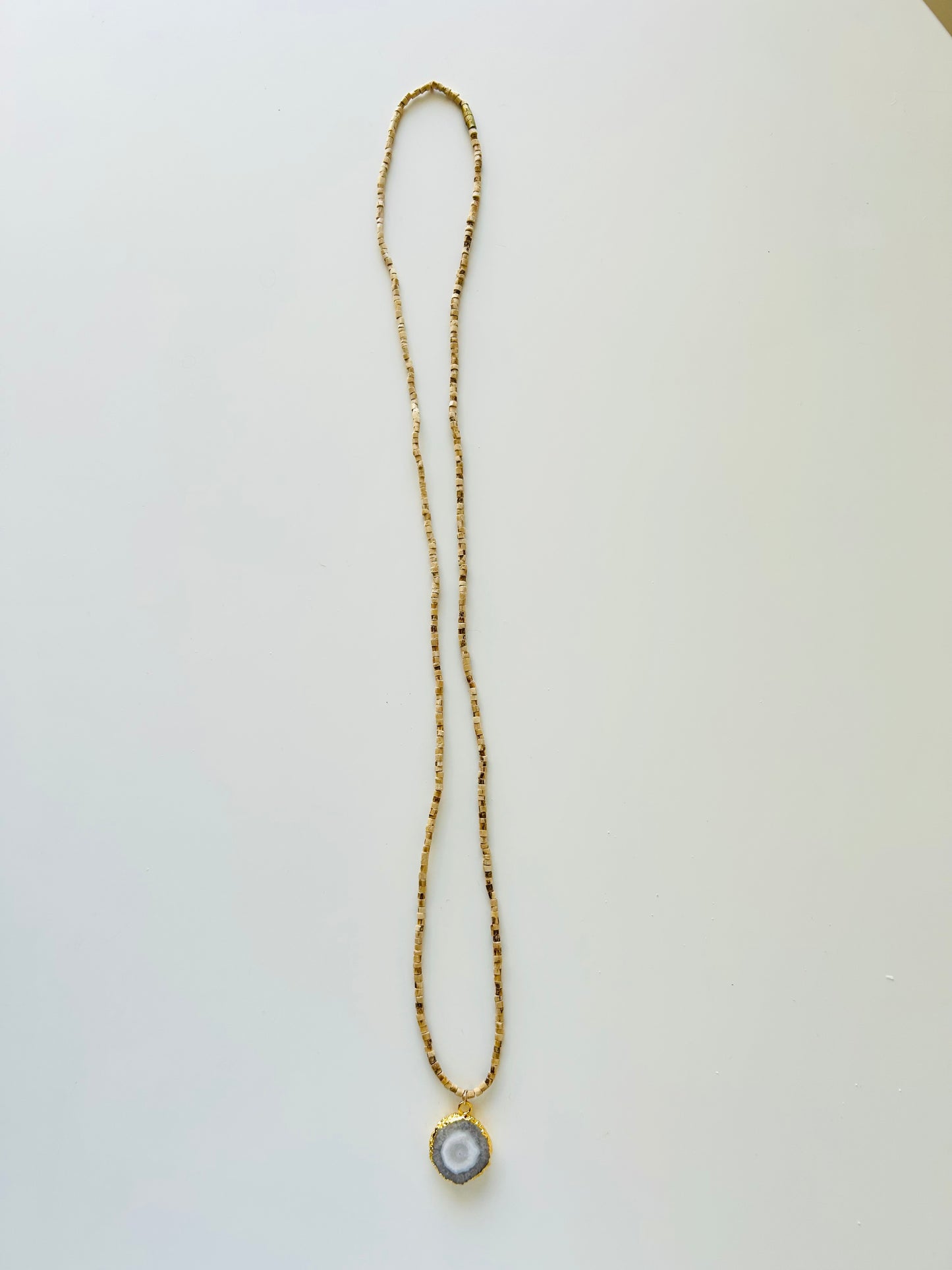 Tulsi Mala Necklace with Gold-edged Agate Druzy Pendant