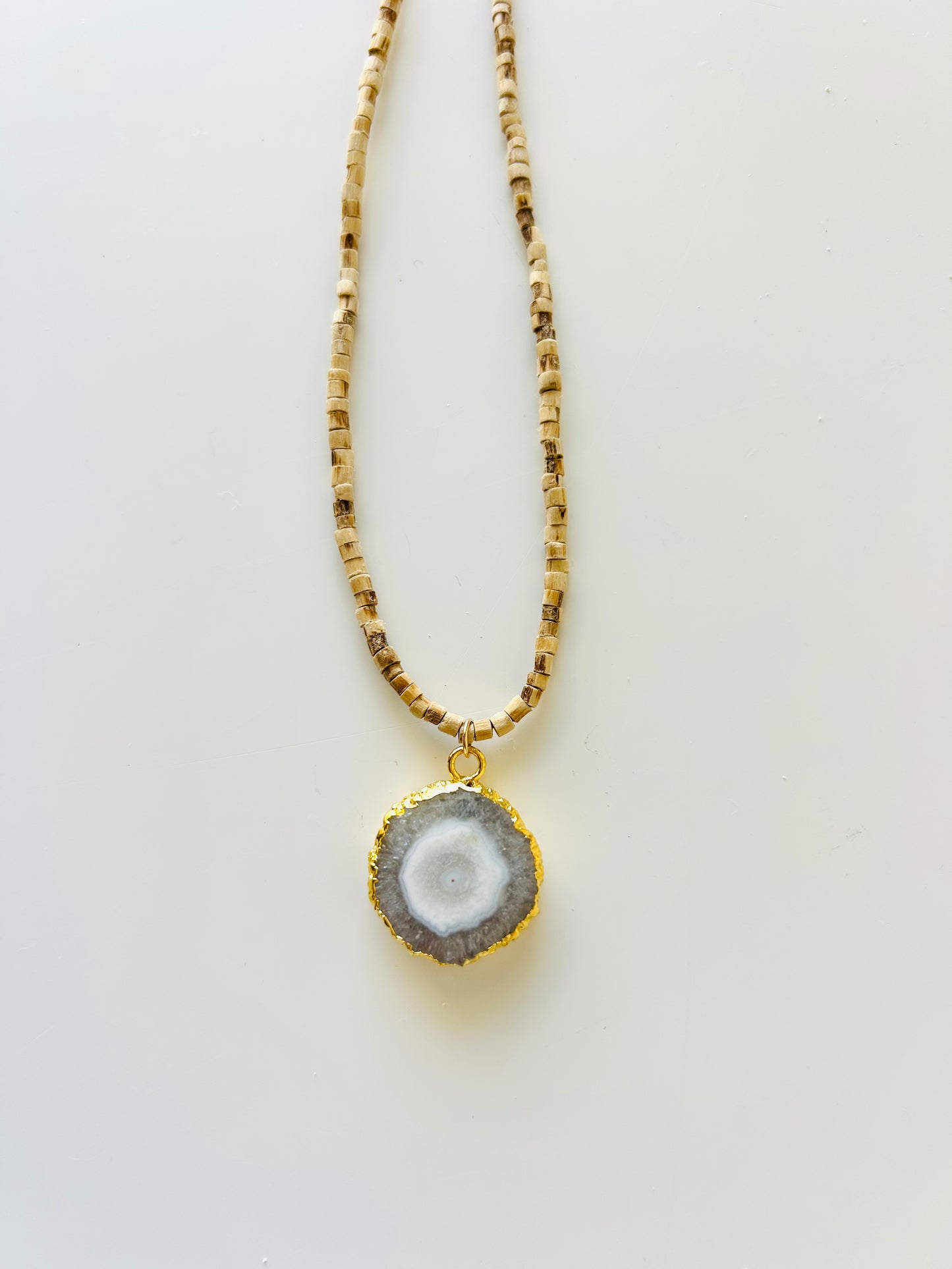 Tulsi Mala Necklace with Gold-edged Agate Druzy Pendant