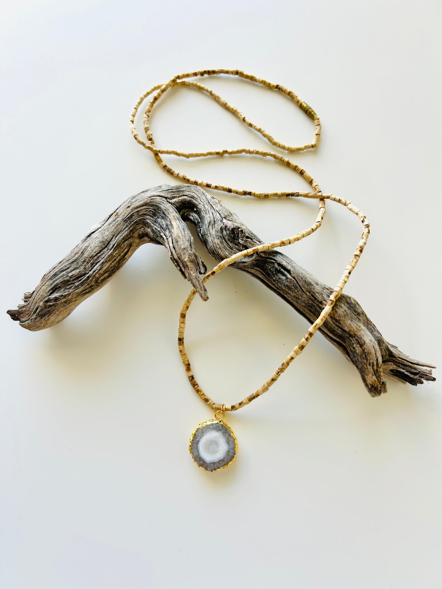 Tulsi Mala Necklace with Gold-edged Agate Druzy Pendant