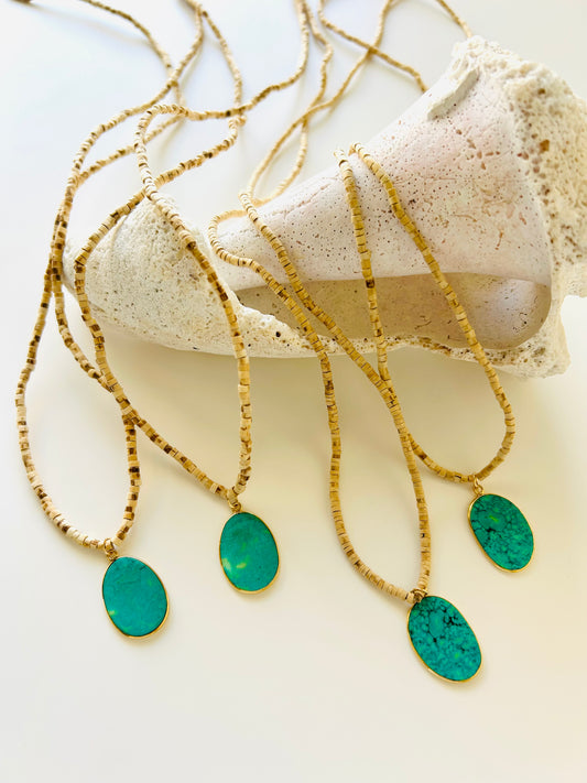 Tulsi Mala Necklace with Gold-Plated Turquoise Pendant