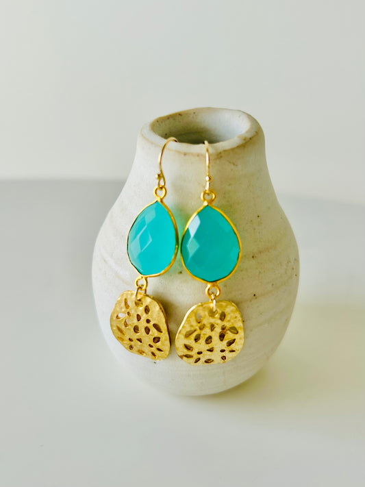 Aqua Chalcedony and Gold Honeycomb Dangle Earrings