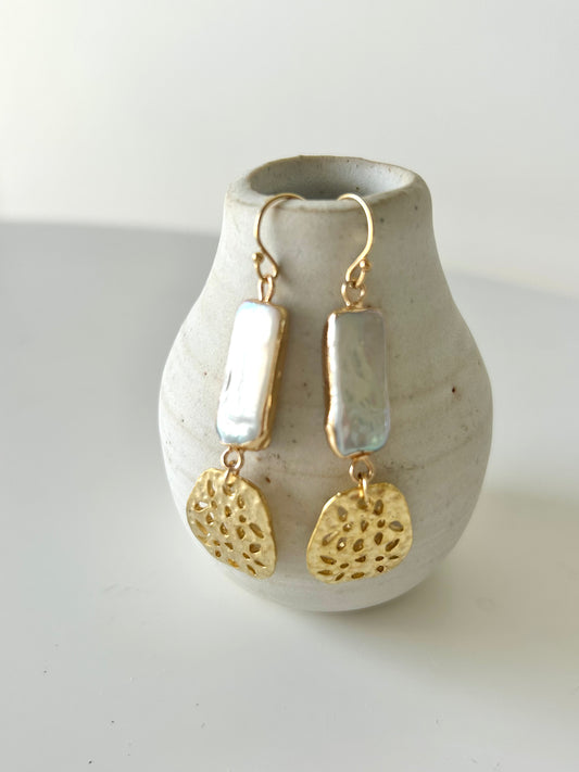 Pearl and Gold Honeycomb Dangle Earrings