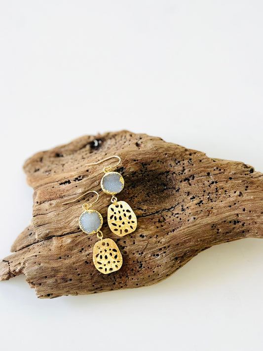 White Druzy and Gold Honeycomb Dangle Earrings